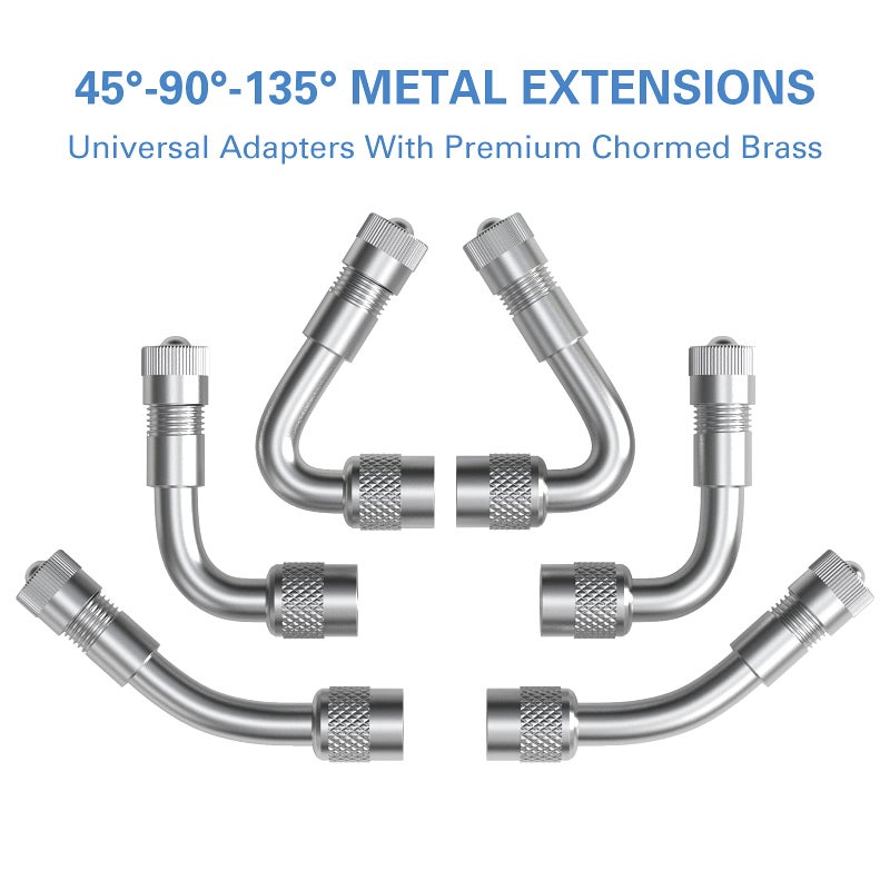 CKAuto 6 عبوات من ممتدات صمامات معدنية بزاوية 45 درجة و90 درجة و135 درجة، ممتدات صمامات عالمية، فضي - Image 2